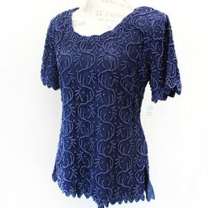Monica Vintage 90's Navy Beaded Sequin Lace Top Blouse Party Formal Boho Large